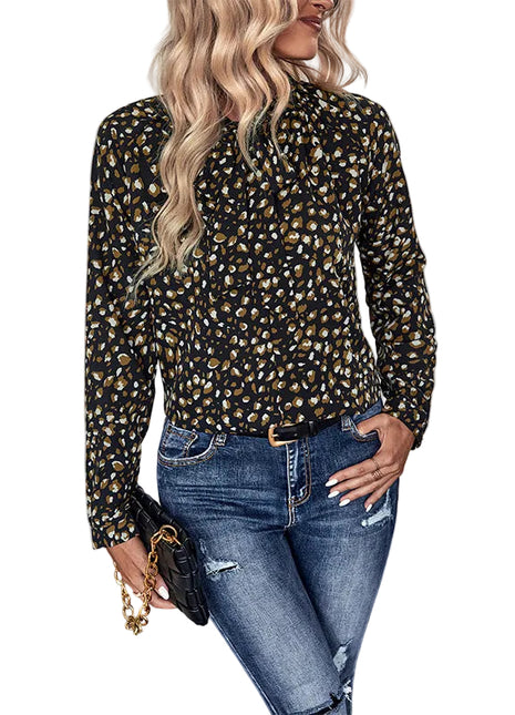 Women's black pullover blouse featuring an elegant bow tie collar and long sleeves.