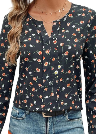 Women's black round neck floral long sleeve top with a flattering slim-fit silhouette.