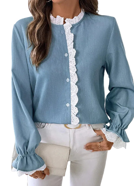 Women's blue single-breasted blouse featuring a delicate lace collar and elegant long sleeves.