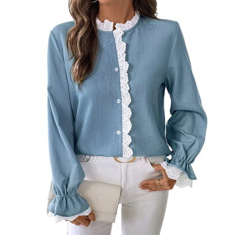 Women's blue single-breasted blouse featuring a delicate lace collar and elegant long sleeves.