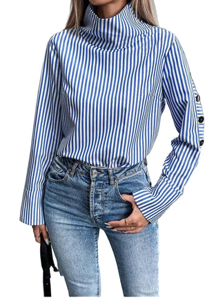 Women's blue striped long-sleeved shirt featuring lightweight polyester fabric and elegant button detailing.