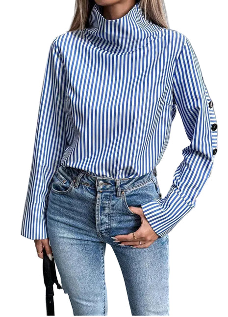 Women's blue striped long-sleeved shirt featuring lightweight polyester fabric and elegant button detailing.