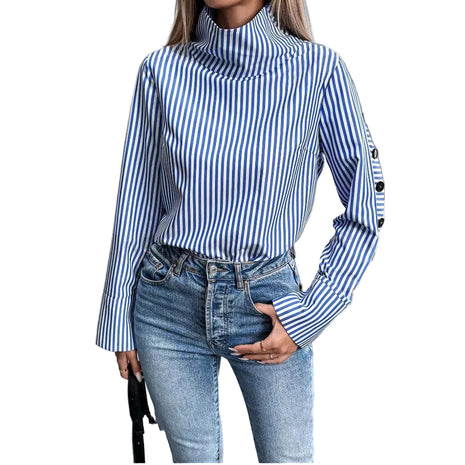 Women's blue striped long-sleeved shirt featuring lightweight polyester fabric and elegant button detailing.