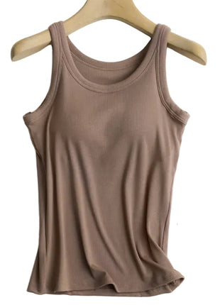 Women's built-in bra camisole paired with jeans for a comfortable everyday casual outfit.