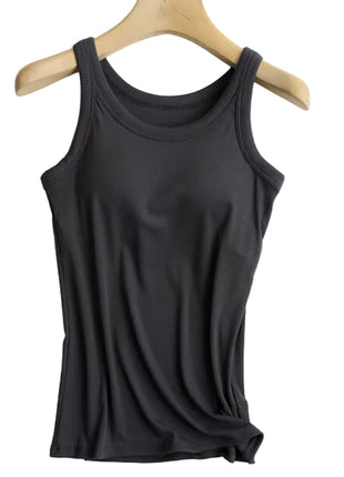 Women's built-in bra camisole paired with jeans for a comfortable everyday casual outfit.