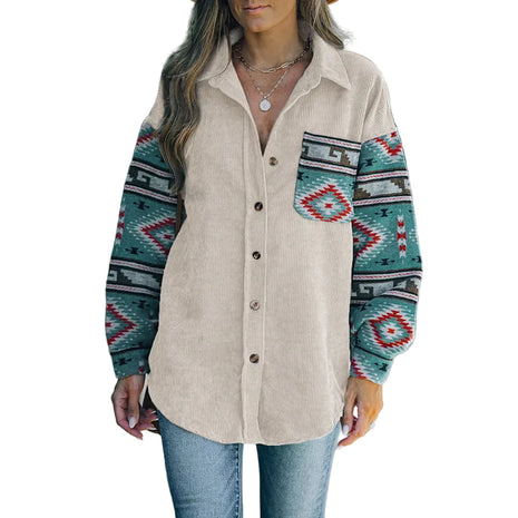 Women's casual ethnic-inspired long shirt featuring a relaxed silhouette, long sleeves, and stylish collage craftsmanship.