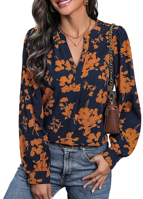 Women's casual long sleeve top with a bold botanical print, V-neckline, and lightweight everyday design.