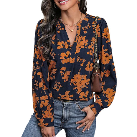 Women's casual long sleeve top with a bold botanical print, V-neckline, and lightweight everyday design.