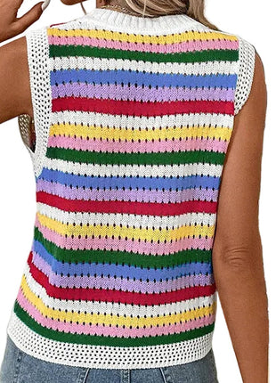 Women's colorful Japanese-inspired knit pullover paired with high-waisted jeans for a stylish casual outfit.