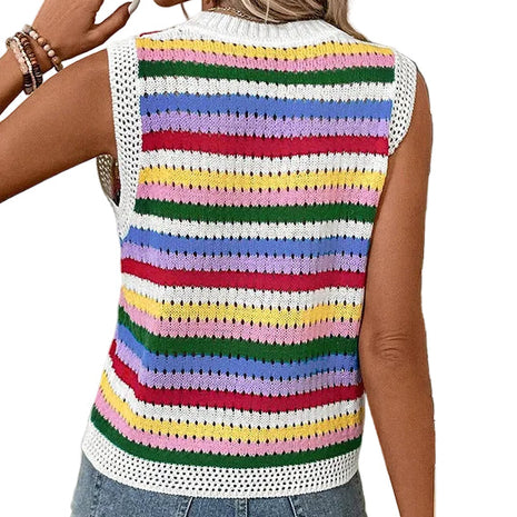 Women's colorful Japanese-inspired knit pullover paired with high-waisted jeans for a stylish casual outfit.