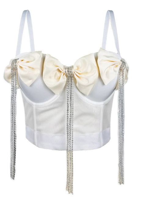 Women's double big bow corset featuring detachable straps, decorative chain accents, and a flattering slim-fit design.