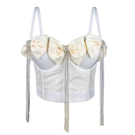 Women's double big bow corset featuring detachable straps, decorative chain accents, and a flattering slim-fit design.