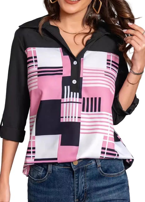 Women's elegant rose red three-quarter sleeve shirt featuring a modern geometric pattern and button accents.