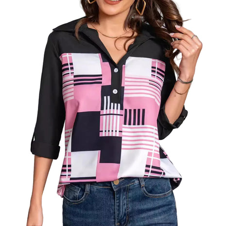 Women's elegant rose red three-quarter sleeve shirt featuring a modern geometric pattern and button accents.