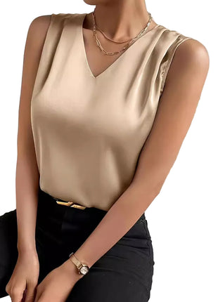 Women's elegant sleeveless blouse featuring a satin-look finish and folded detail, ideal for work, commuting, and smart-casual occasions.