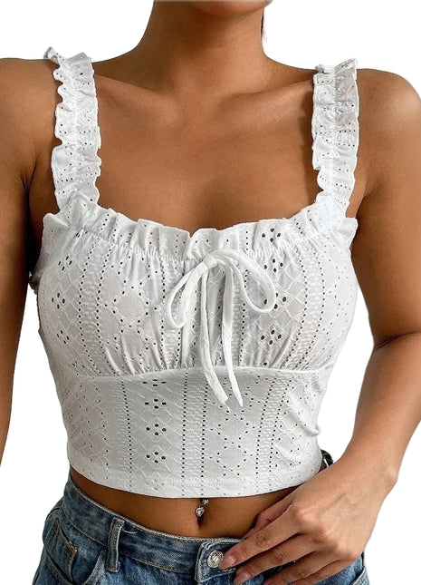 Women's elegant white lace camisole featuring a slim-fit silhouette and soft knitted fabric.