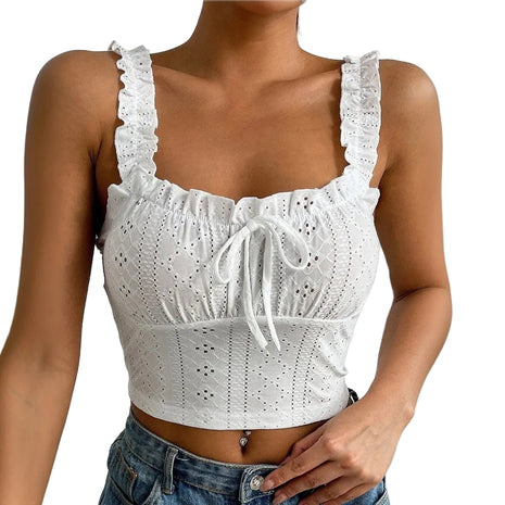 Women's elegant white lace camisole featuring a slim-fit silhouette and soft knitted fabric.