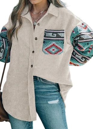 Women's ethnic lapel long shirt featuring a khaki multi-color design and long sleeves.
