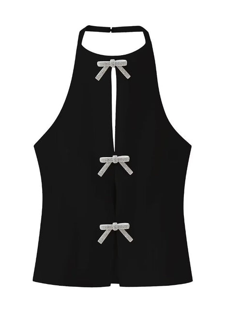 Women's fashionable backless black halter blouse available in black and white, perfect for parties, date nights, and elegant casual wear.