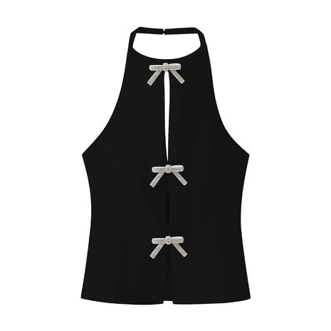 Women's fashionable backless black halter blouse available in black and white, perfect for parties, date nights, and elegant casual wear.