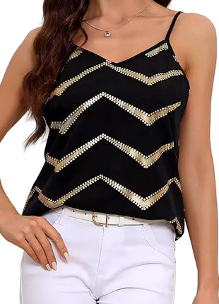 Women's fashionable black cross-back camisole with a V-neckline, perfect for date nights, vacations, and evening events.
