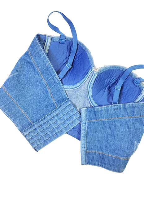 Women's fashionable denim bustier with detachable lace-up straps, perfect for summer outfits, festivals, and everyday streetwear.