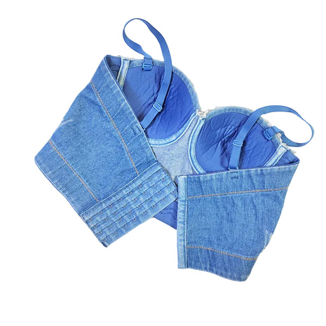 Women's fashionable denim bustier with detachable lace-up straps, perfect for summer outfits, festivals, and everyday streetwear.
