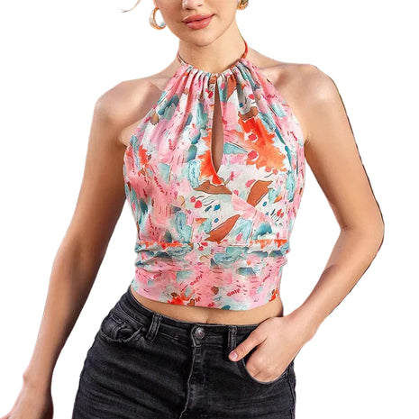 Women's floral halter backless crop top featuring a slim-fit silhouette and vibrant printed design.