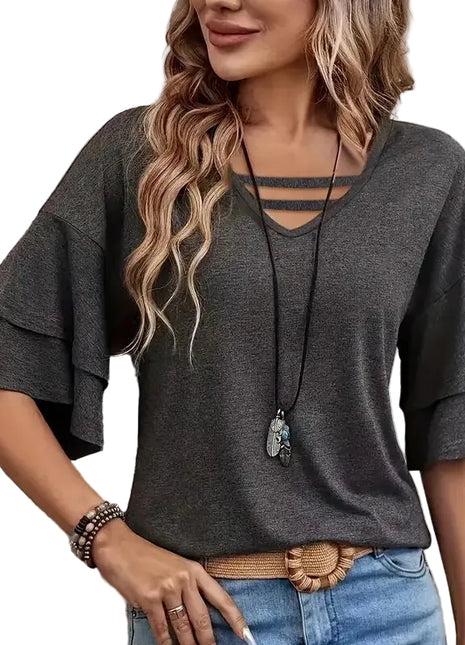 Women's gray V-neck T-shirt with elegant flounce detailing and comfortable half sleeves.