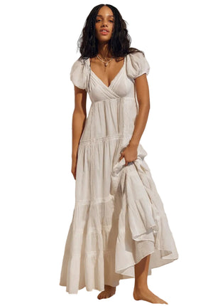 Women's lace-trimmed V-neck short-sleeve casual dress

Women's high-waist flared dress with ruffled sleeves

Off-white women's long dress with feminine lace trim

Lemon yellow V-neck dress with short ruffled sleeves

Rose red women's high-waist casual dress

Light brown lace-trimmed women's long dress

Women's solid-color flared dress styled for casual occasions
