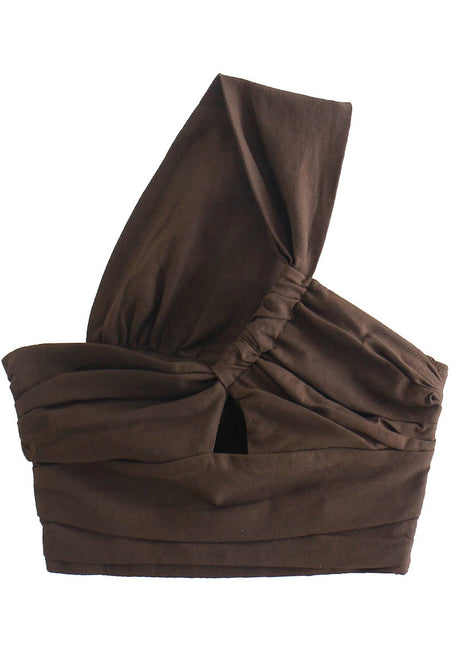 Women's hollow-out one-shoulder tube top in brown featuring a slim-fit silhouette and linen-look fabric.