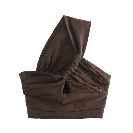 Women's hollow-out one-shoulder tube top in brown featuring a slim-fit silhouette and linen-look fabric.