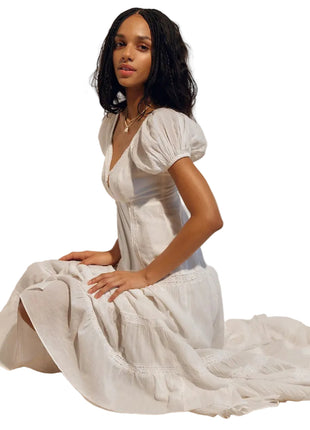 Women's lace-trimmed V-neck short-sleeve casual dress

Women's high-waist flared dress with ruffled sleeves

Off-white women's long dress with feminine lace trim

Lemon yellow V-neck dress with short ruffled sleeves

Rose red women's high-waist casual dress

Light brown lace-trimmed women's long dress

Women's solid-color flared dress styled for casual occasions
