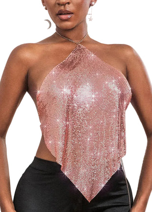 Women's lightweight metallic halter top available in silver, gold, and rose gold with a sleek sleeveless silhouette.
