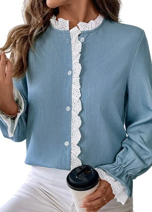 Women's long sleeve lace collar blouse paired with trousers for a polished business casual look.