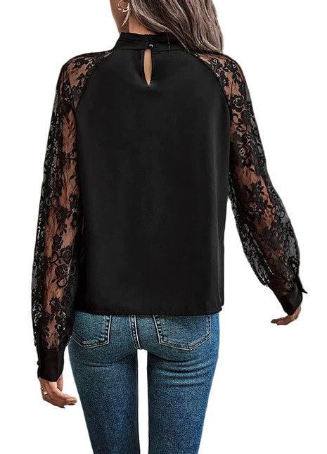 Women's long sleeve lace stitching pullover top paired with tailored trousers for a sophisticated office look.