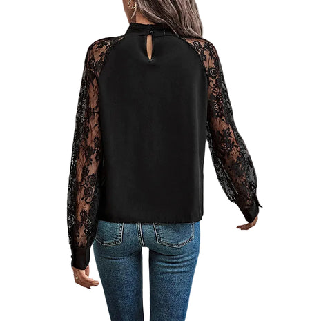 Women's long sleeve lace stitching pullover top paired with tailored trousers for a sophisticated office look.