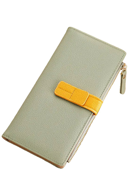 Women's long zipper wallet available in white, black, red, pink, green, blue, and yellow colors.