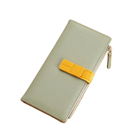 Women's long zipper wallet available in white, black, red, pink, green, blue, and yellow colors.