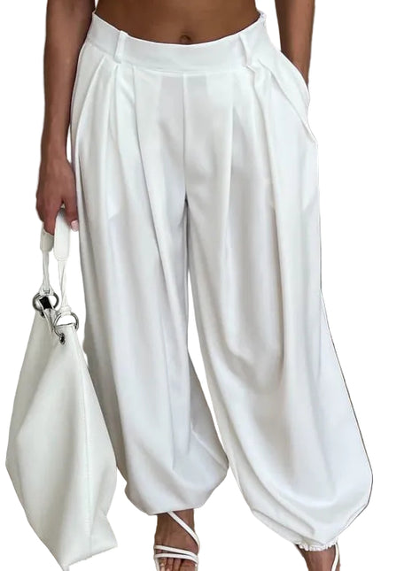 Women's white high-waisted balloon jogger pants

White loose-fitting balloon trousers for women

Women's full-length white casual jogger pants

High-waisted white balloon-leg trousers with relaxed fit

Women's lightweight white polyester casual pants

White balloon joggers styled for modern streetwear

Women's loose-fit high-waisted trousers available in sizes S to L