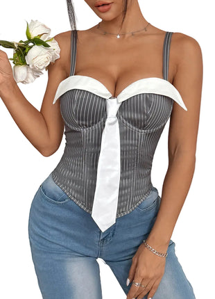 Women's low-cut striped vest top featuring a tie-front detail, contrast stitching, and a slim-fit cropped design.
