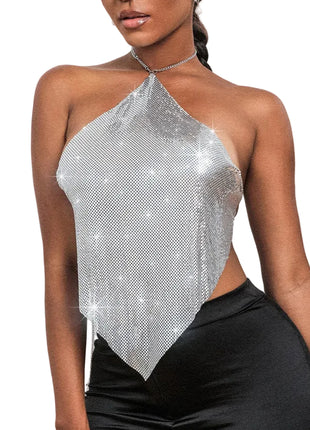 Women's metallic halter sling top in silver featuring a glamorous shimmering finish for parties and special occasions.