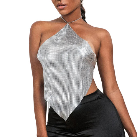 Women's metallic halter sling top in silver featuring a glamorous shimmering finish for parties and special occasions.