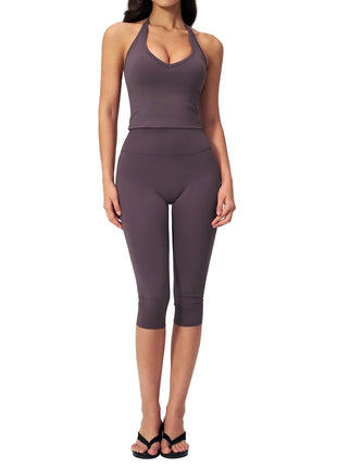 Women's nylon spandex workout outfit available in black, purple, blue, green, and pink colors.