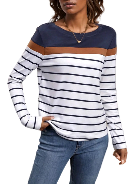Women's round neck striped long sleeve T-shirt with a classic regular fit for everyday casual style.