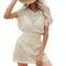 Women’s sheer crochet knit beach cover-up mini dress with V-neck, drawstring waist and side slit Apricot
