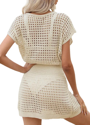 Women’s sheer crochet knit beach cover-up mini dress with V-neck, drawstring waist and side slit Apricot