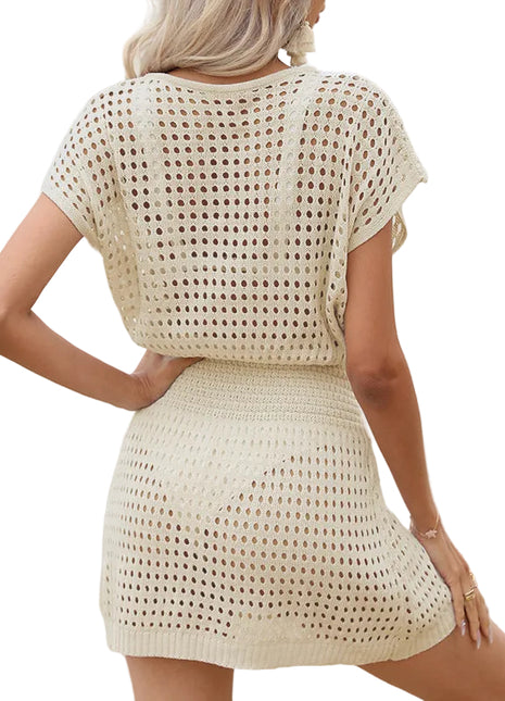 Women’s sheer crochet knit beach cover-up mini dress with V-neck, drawstring waist and side slit Apricot