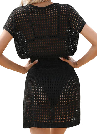 Women’s sheer crochet knit beach cover-up mini dress with V-neck, drawstring waist and side slit Black BLNDL
