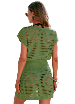 Women’s sheer crochet knit beach cover-up mini dress with V-neck, drawstring waist and side slit Green BLNDL